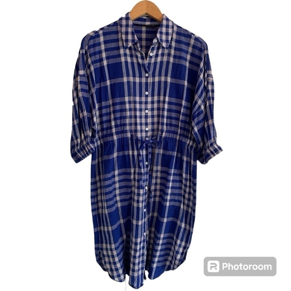 Zara Linen-Cotton Blend Blue Gingham Check Shirt Dress with Drawstring Waist - Picture 5 of 14
